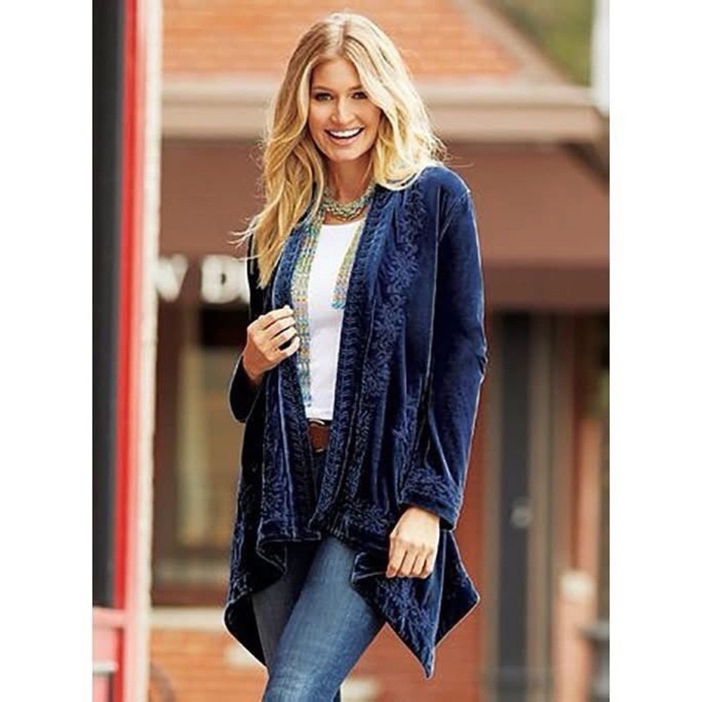 Time for Me Deep Navy Blue Velvet Embroidered Kimono cardigan.
